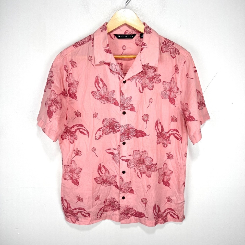 Travis Mathew Rum Ration Hawaiian Camp Shirt Men Medium Pink Red Floral Button - Picture 9 of 9